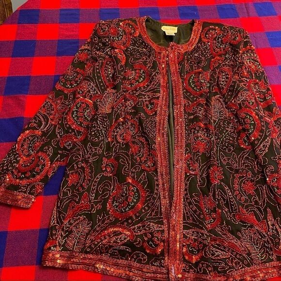 Neiman Marcus Vtg Cocktail Black Red Gold Sequin Beaded Jacket Size Large - Picture 7 of 13